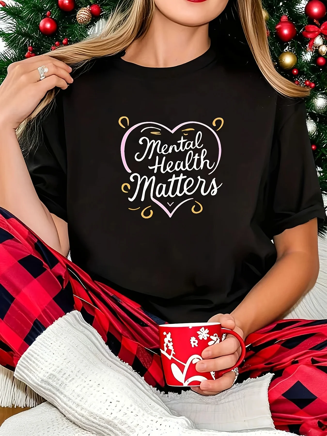 Women Mental Health Matters Pink Heart Print Black Round Neck Short Sleeve T Shirt Casual Relaxation Top