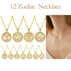 12 Zodiac Signs Fashion Clavicle Chain Alloy Necklace Women Gold Amulet Vintage Gold Plated Round Coin Pendant Gift