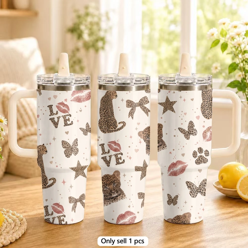 

Pink Leopard Print Vacuum Flasks 40oz Stainless Steel Tumbler with Handle Straw Lid Vacuum Insulated Double Wall Leak Proof