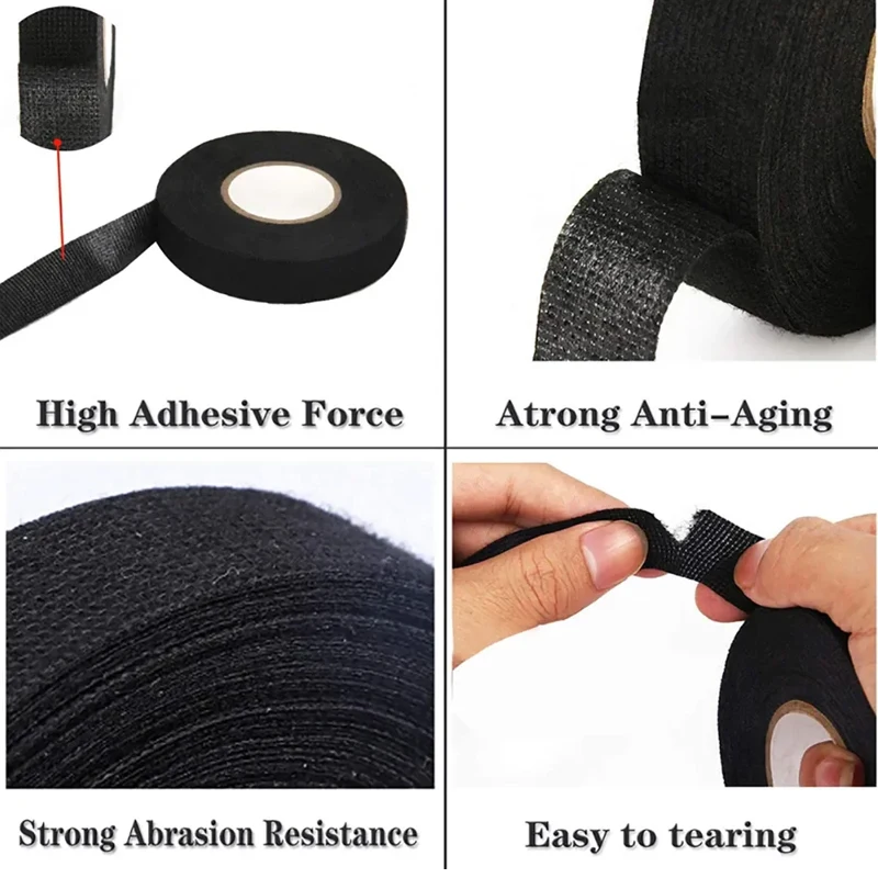 Black Fabric Automotive Wiring Harness Tape Heat Resistant Insulating Cloth Tape Car Cable Loom Wrapping Protective Tape