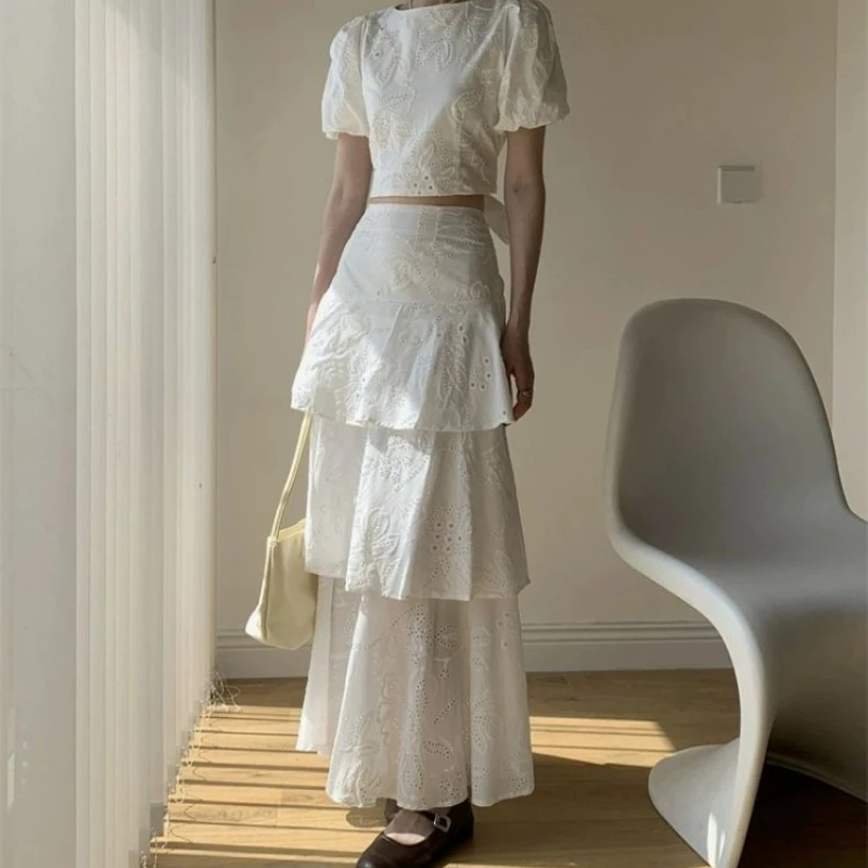 French Set Puff Sleeve Cropped Shirt Women's Summer High-waisted Cake Skirt Skirt Style Two-piece Set