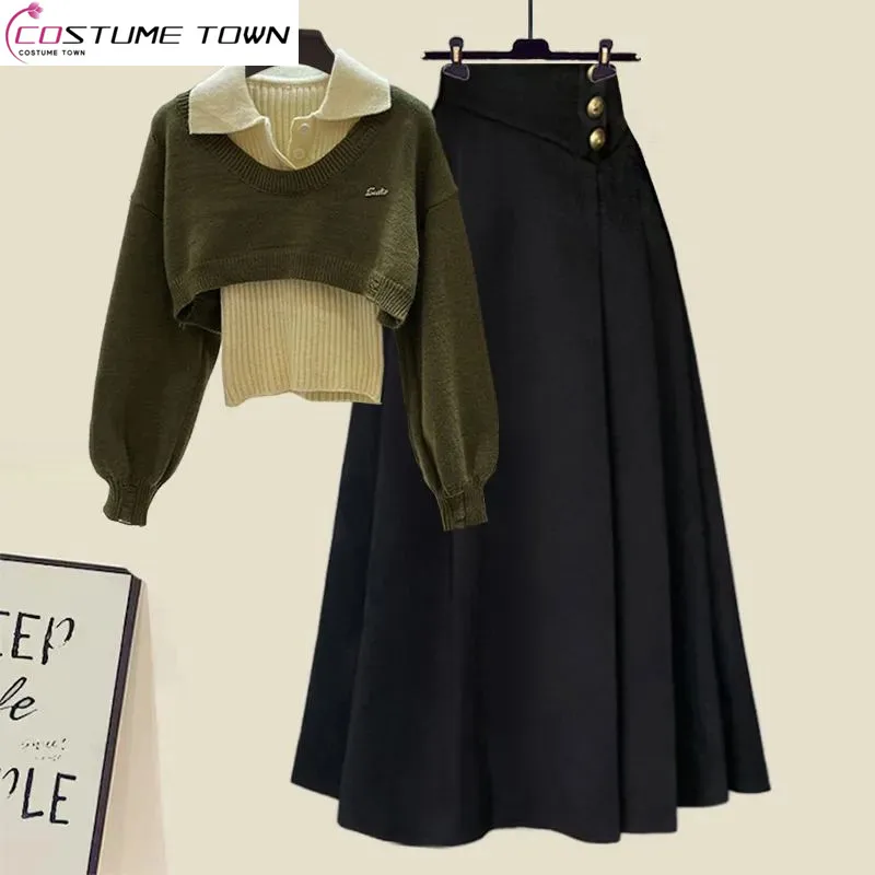 

Spring and Autumn Women's Set New Korean Style Fashion Aging Short Sweater Loose Big Swing Half Skirt Three Piece Set