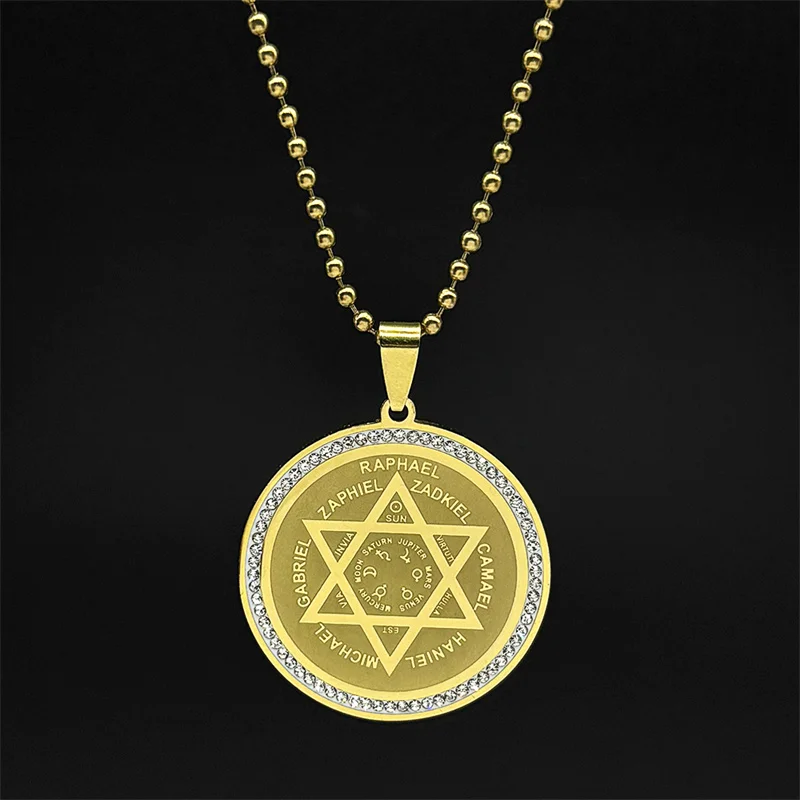 

Stainless Steel 7 Archangels Car Pendant for Women Men Gold Color Hip Hop Crystals Planet Sun Moon David Star Bag Jewelry