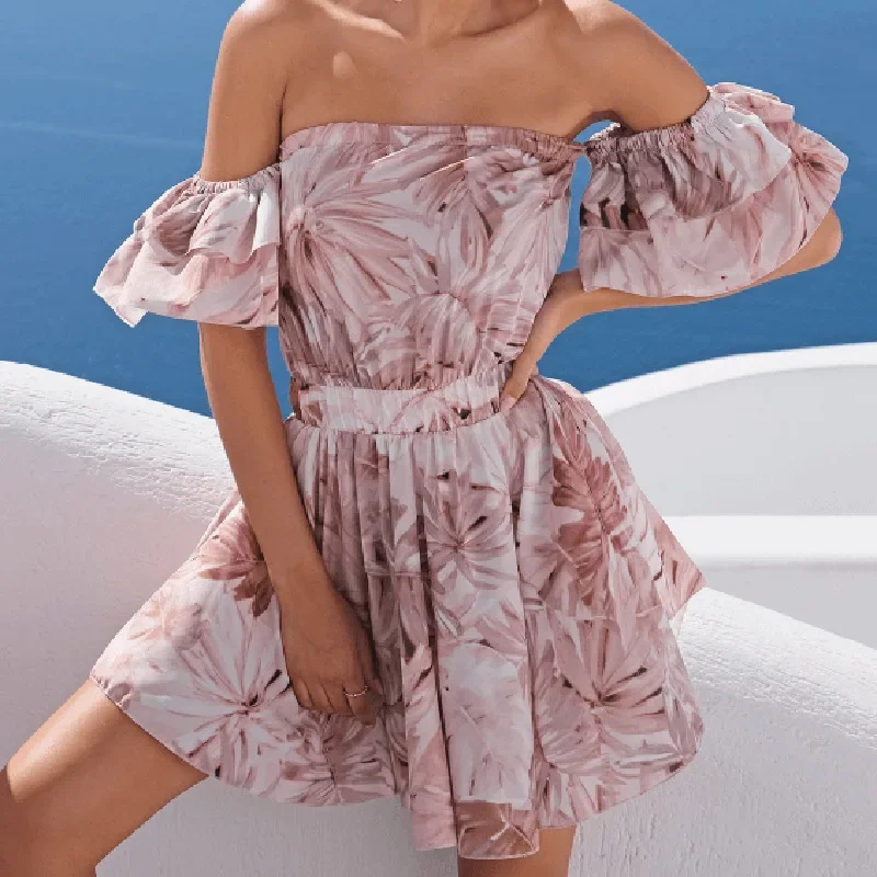 Cottagecore Fashion Ruffled Bohemian Summer Backless Sexy Mini Dress Strapless High Waist Print Pleated Dresses Aesthetic Women