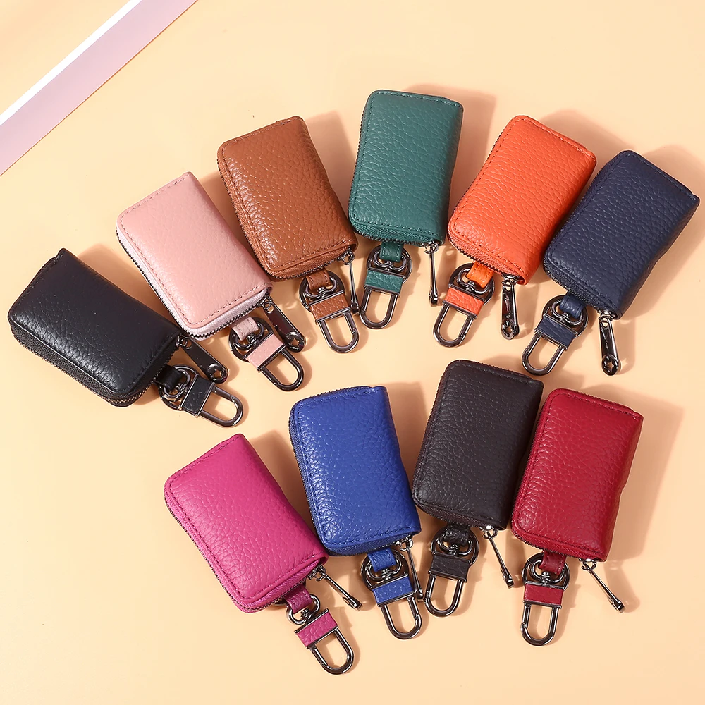 Car Key Bag Men's Mini Men's and Women's Couple Leather Zipper Key Bag Simple Small and Easy to Carry Black Red Blue Green