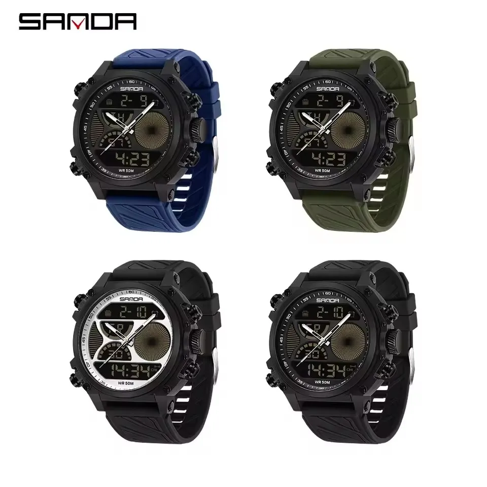 SANDA 6236 Men's Quartz Watch Fashion Sports Waterproof Dual Display Multifunctional Silicone Strap Wristwatch for Male
