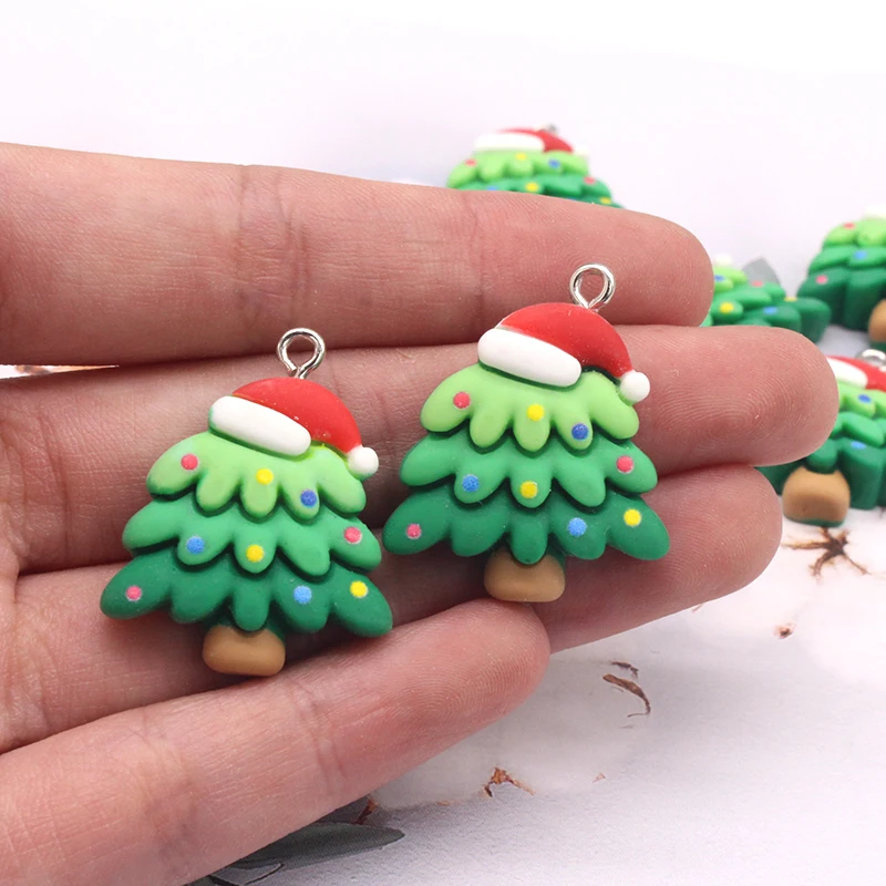 10pcs/pack Popular Cartoon Christmas Tree Resin Charms Flatback Lovely Santa Hat Pendant For Earring Keychain DIY Jewlery Make