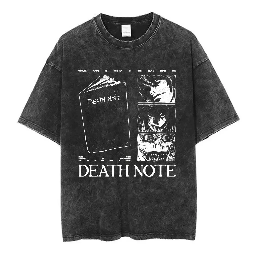 Fashion Hip Hop Short Sleeve T-shirts Vintage Acid Washed Anime Death Note Ryuk Yagami Light T Shirts Men Women Cotton Tee Shirt