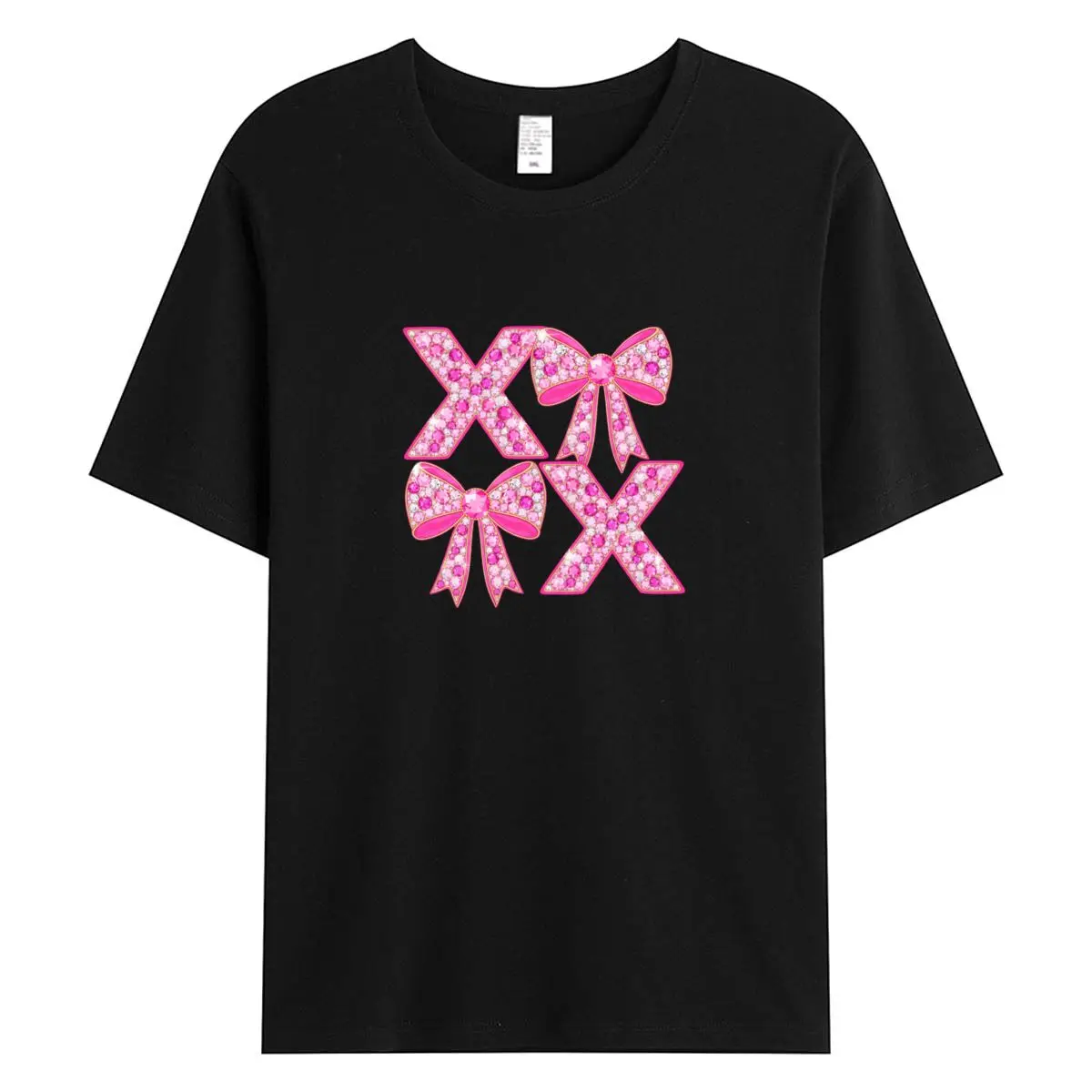 

Women T-shirt Pink Rhinestone Bow Letter Graphic Print Y2K Aesthetic Summer Short Sleeve Harajuku Female Tops Tees