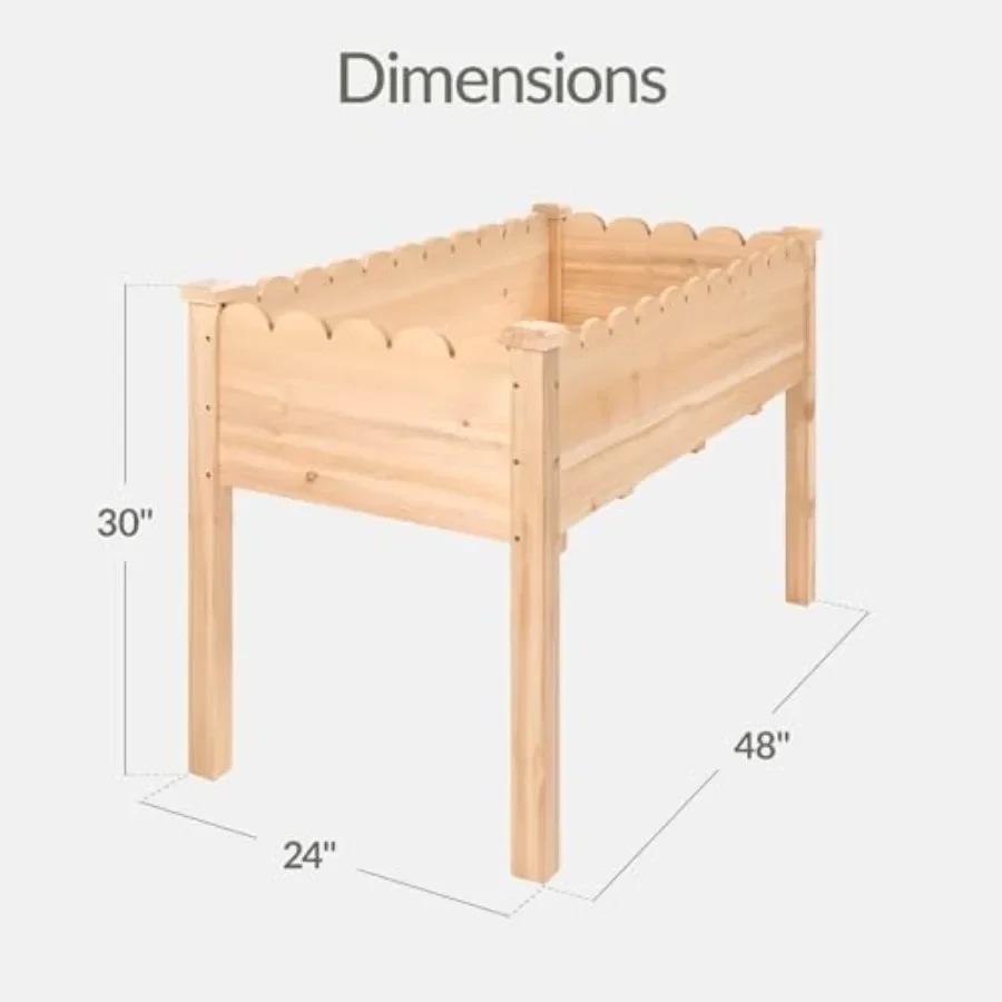 Raised Garden Bed, Scalloped Design, Elevated Wood Planter Box Stand for Backyard, Patio, Balcony with Bed Liner, 48 x 24 x 30