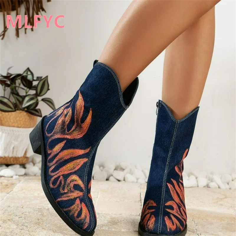 Mid tube side zipper fashion women's boots Europe and America 2023 autumn and winter new printed large ethnic style boots