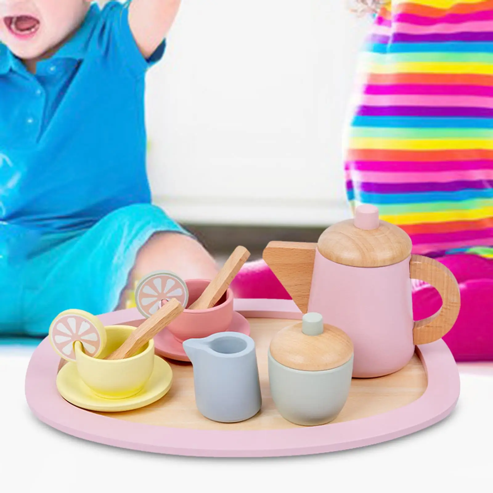 Wooden Tea Set Cup Saucers Spoons Tray Pretend Tableware Set for Party Favors Children Boy Girl Toddlers Preschool