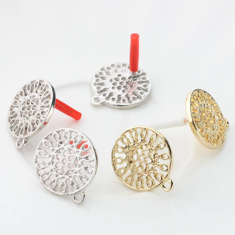 6pcs/lot  Zinc Alloy Fashion Round Flowers Base Earrings Pendant Connector 17mm For DIY Fashion Earrings Jewelry Accessories