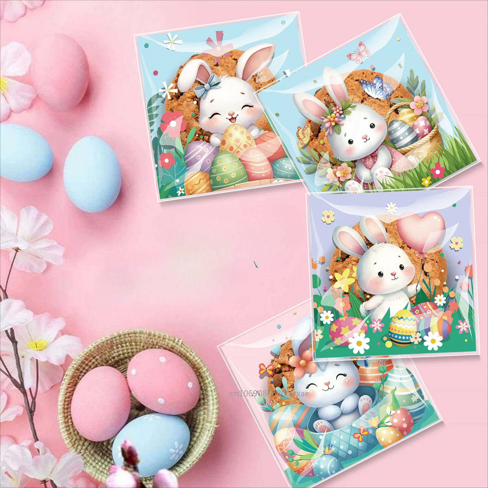 100pcs Easter Cellophane Treat Bags, Plastic Transparent Gift Wrap, Assorted Easter Egg Designs for Party Favors and Candy