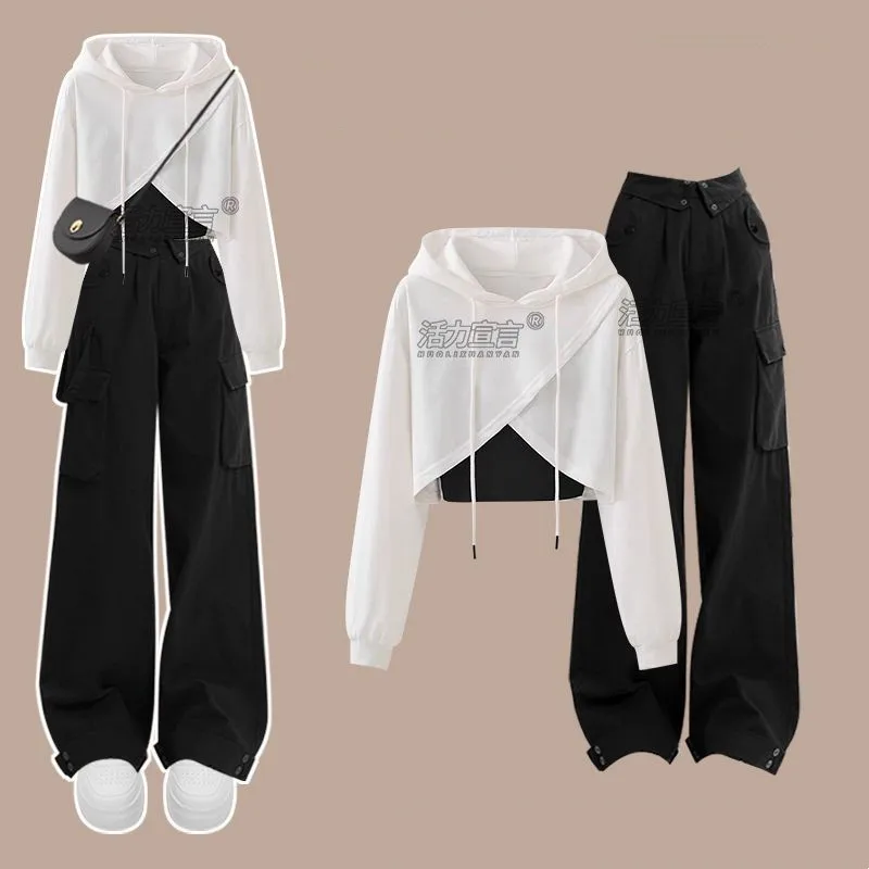 Autumn Set Women's 2024 New Large Women's Wear Fashion Fake Two piece Sweater Slim Wide Leg Pants Two piece Set