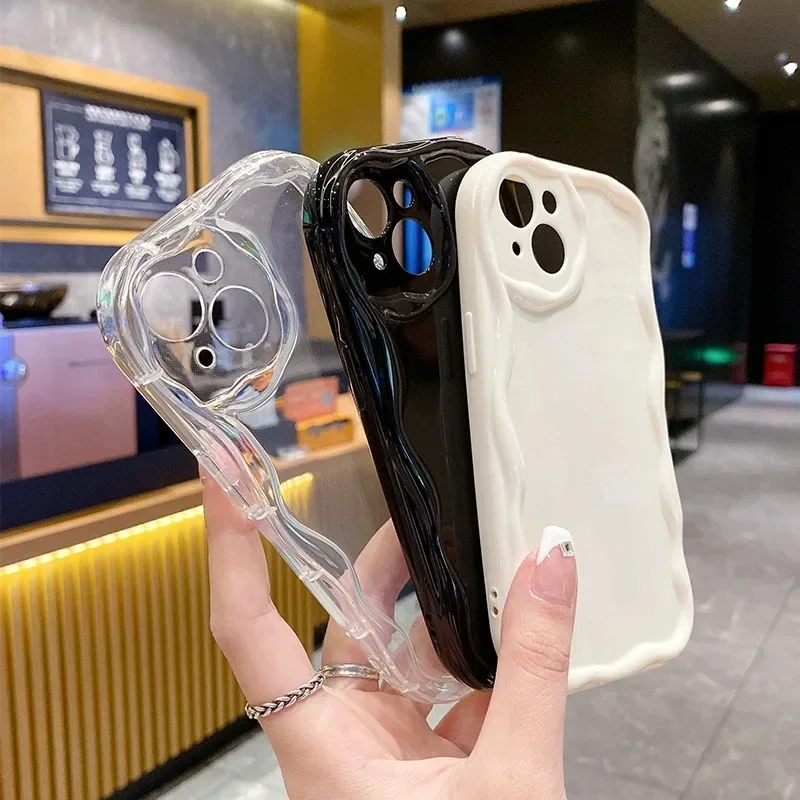 Wave Pattern Solid Color Cream For iPhone 15 14 13 12 11 Pro Max Mini Transparent Yellow Resistant Couple White Clear Phone Case