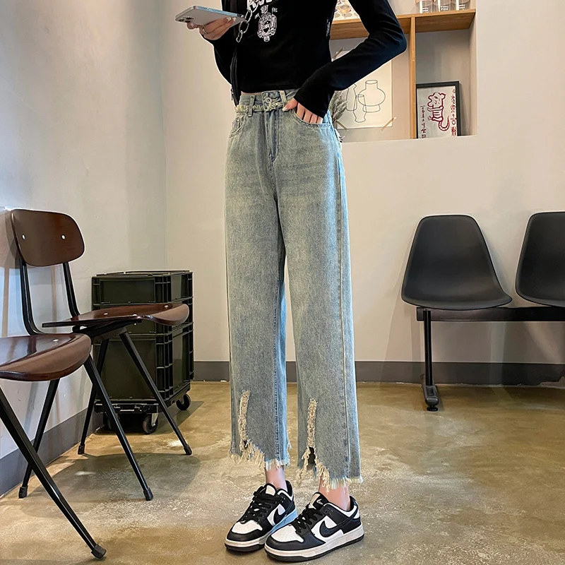 

Cropped Jeans New in Pants and Capris Women's Spring Summer Loose Straight Pants High Waist Wide Leg Pants Korean Fashion Girls