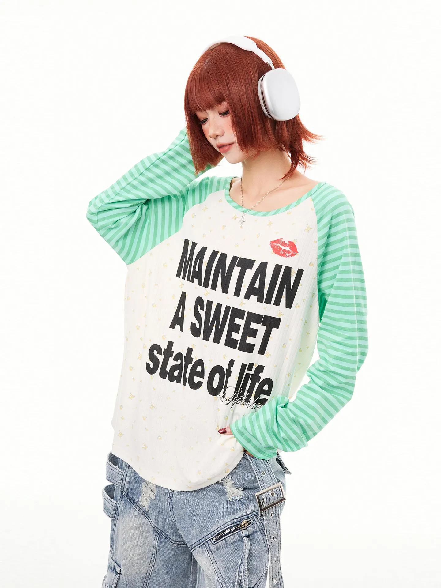 K787 Hot Girl Letter Print Long Sleeve T-Shirt Women's Star Printed Sun Protection Loose Fit Casual Style Breathable Top