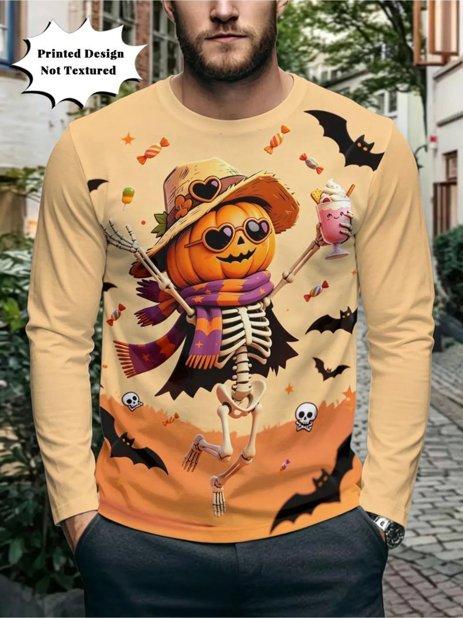 Men Halloween Crewneck Sweatshirt, Pumpkin Head Skeleton Bat Candy Print Polyester Pullover