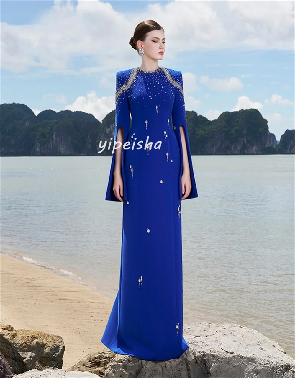 Robe longue en Jersey complexe scintillant, personnalisée, plissée, strass, paillettes, col haut, robes d'occasion sur mesure, rétro