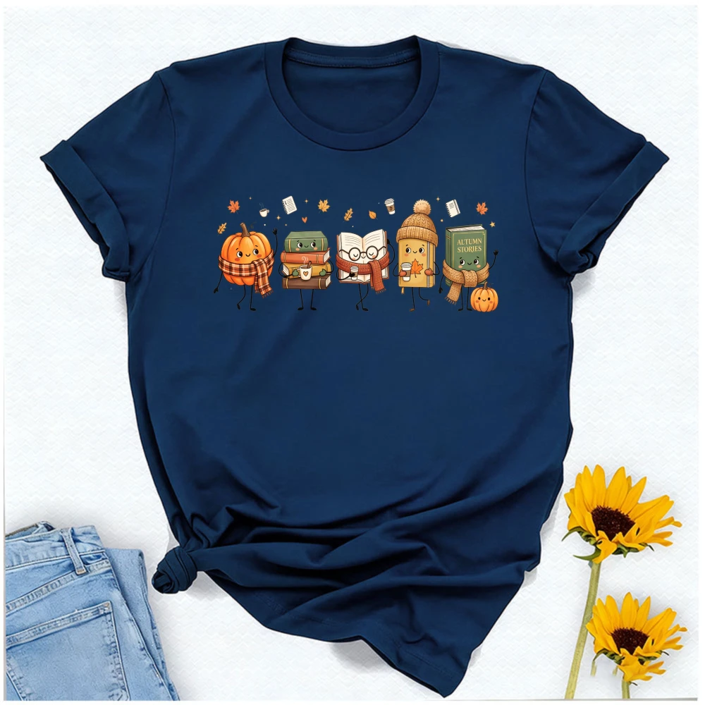Fall Book Pumpkin Cartoon Graphic T Shirt Cute Anthropomorphic Book Character Maple Leaf Autumn Reading Lover Bookworm Cozy Tees
