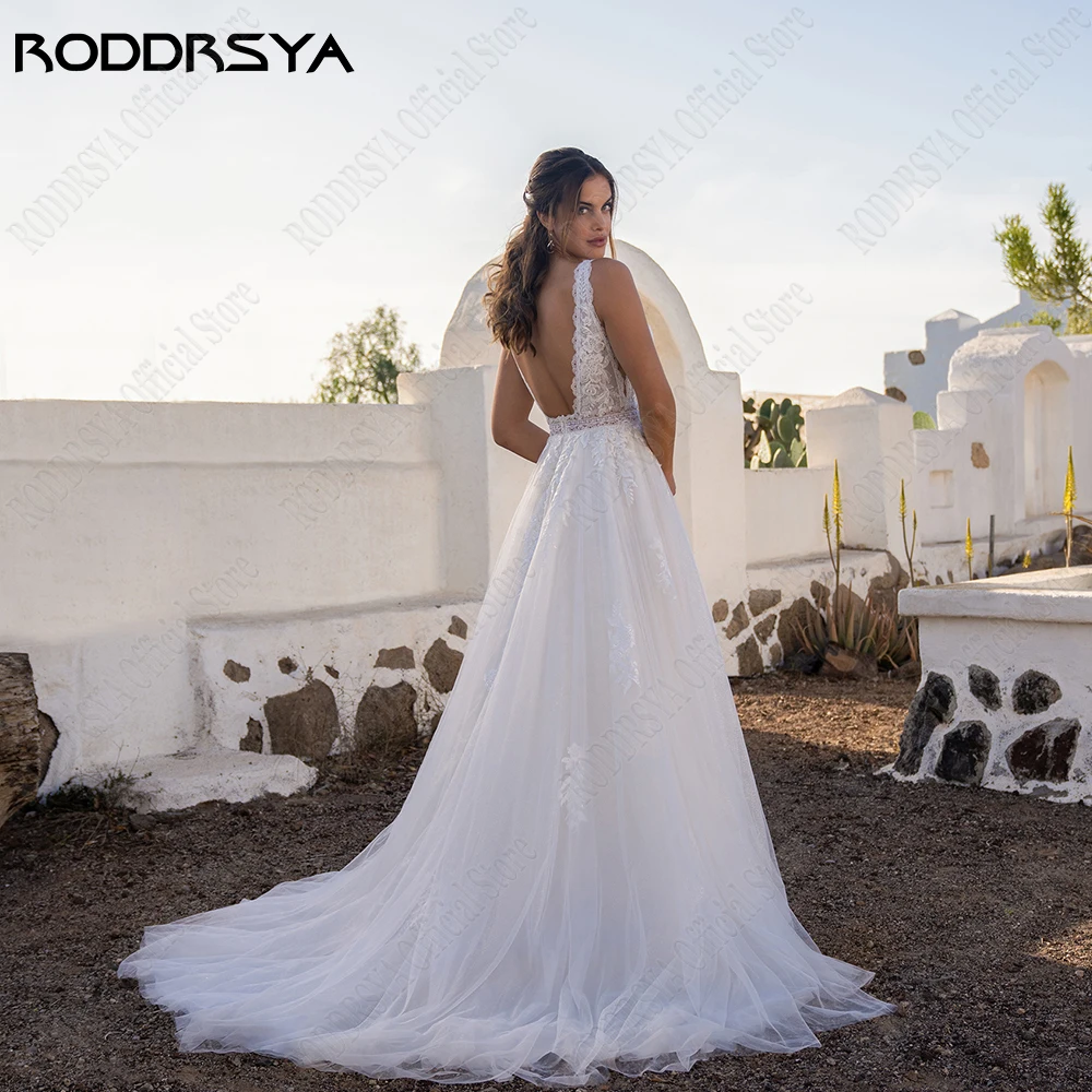 RODDRSYA Beach Sleeveless Wedding Dresses V-Neck Backless A-Line Bride Gowns Boho Tulle Lace Applique 2023 vestidos de novia