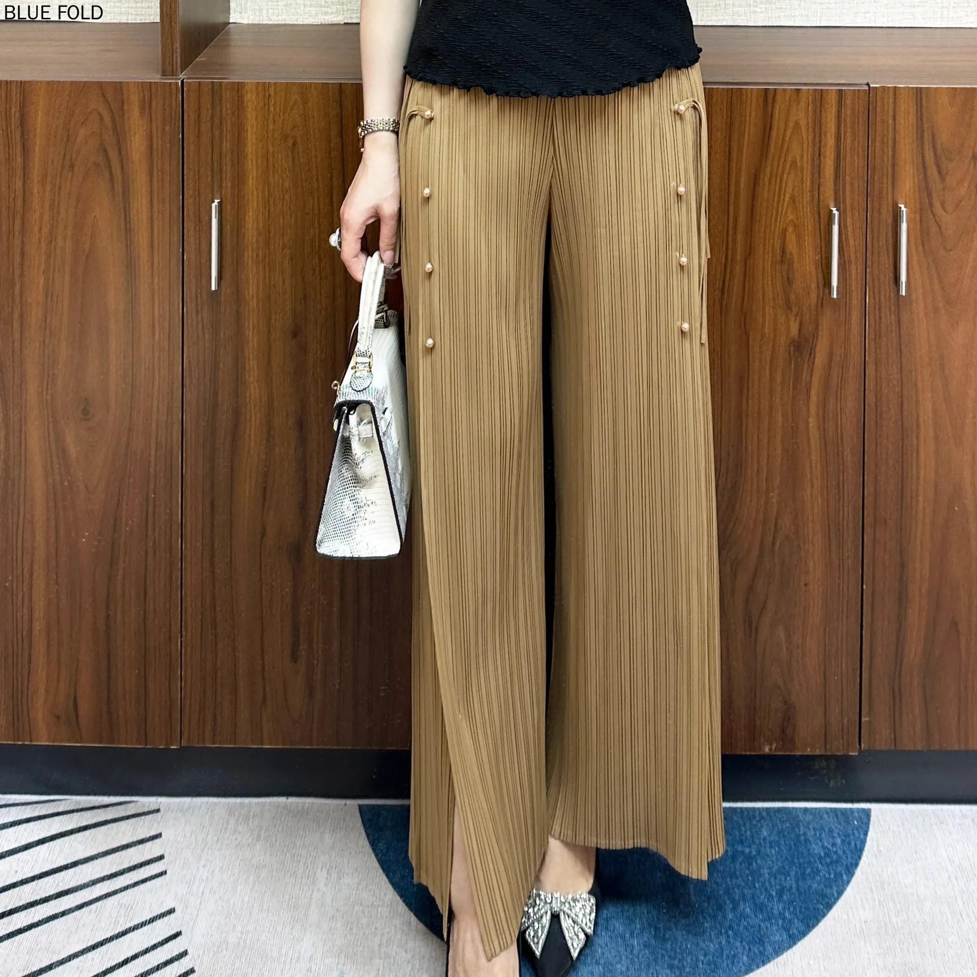 MIYAKE-Pleated Straight Pants with Elastic Belt Simple Elastic Belt Casual and Versatile Glass Bead Tassel Slit PantsLarge Size