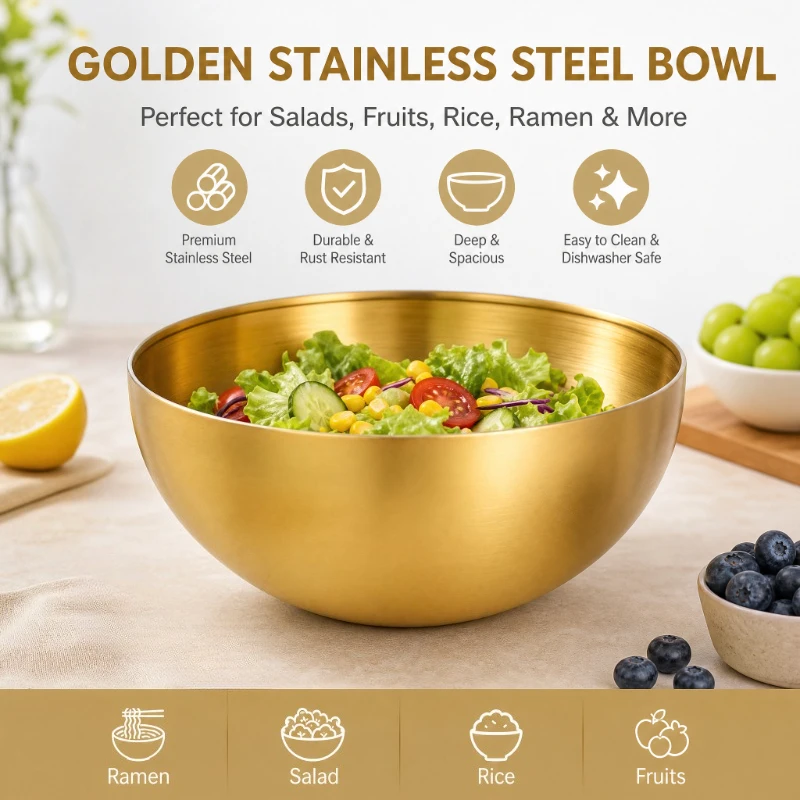 Golden Stainless Steel Salad Bowl, Korean Large Noodle Bowl, Food Serving Bowl for Fruit, Rice, Ramen