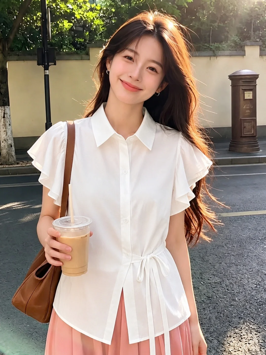 

Summer 2026 New Style Silk Shirt with Lace Sleeves Waist Cinching Belt Design Commute Versatile Top Korean Style Collar