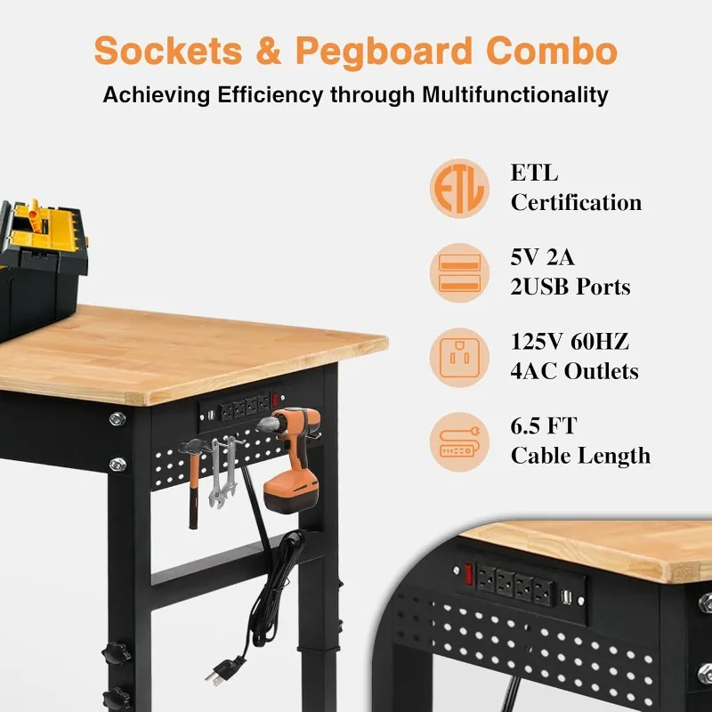 2000 LBS Heavy Duty Work Table with Power Outlets & Pegboard, Rubber Wood Workstation for Garage, Workshop,