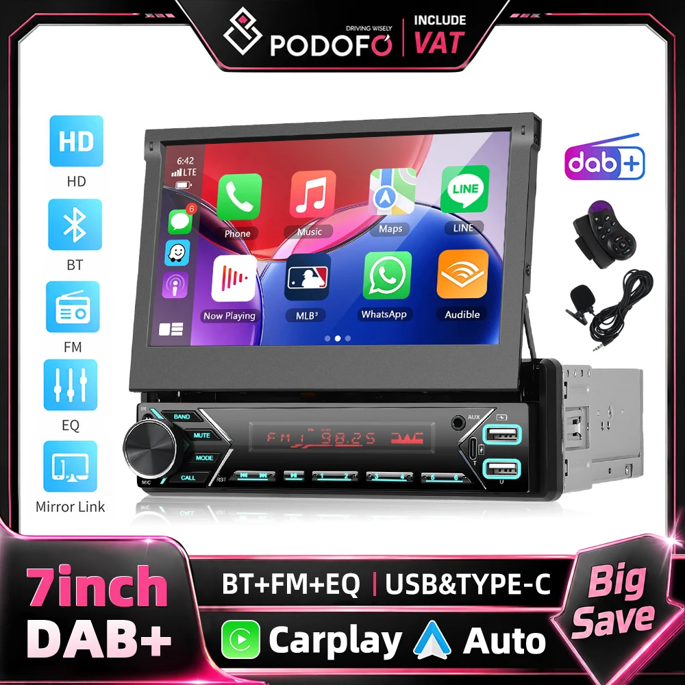 Podofo 7 Zoll Single-DIN-Autoradio MP5-Player HD-Touchscreen mit ausfahrbarem Display, kabelloses Carplay, Android Auto, kabelgebundener Mirror Link, FM-Radio, BT, EQ, Typ-C-Multimedia-Videoplayer,