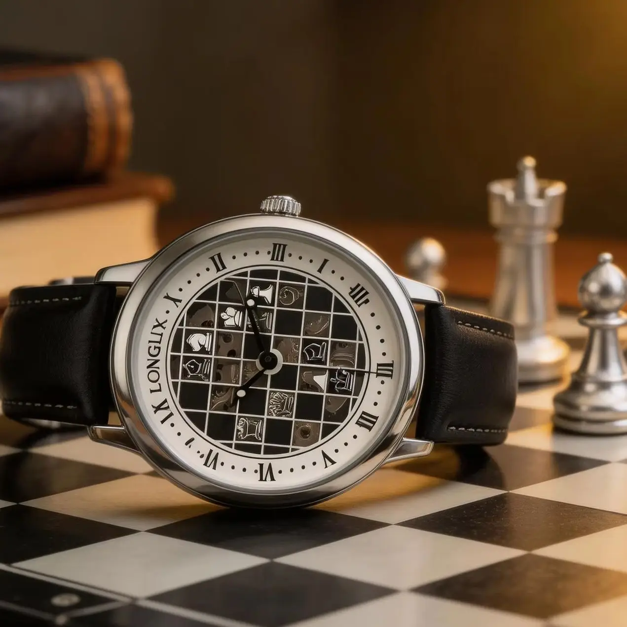 Montre automatique pour homme, montre mécanique à motif d'échiquier, étanche, vintage, lumineuse, squelette, en cuir, cadeau pour vous