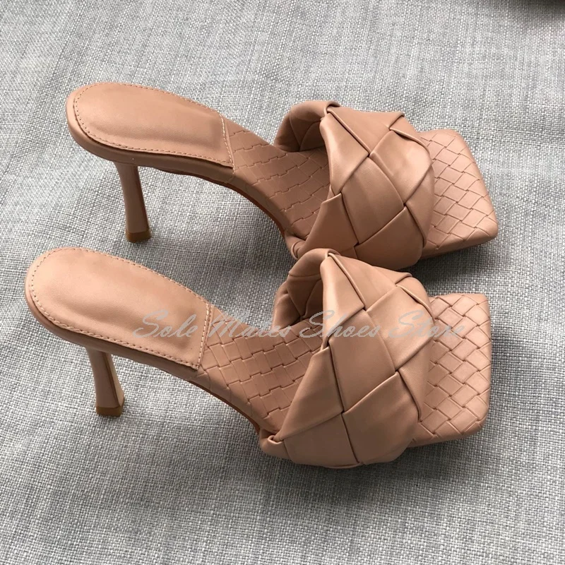 Elegant Knot Front Square Toe Sandals Dark Green Braided Check High Heel Slide Microfiber Leather Handmade Women's Slippers