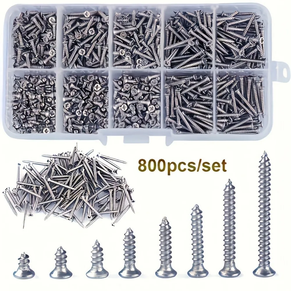 800pcs Self Tapping Wood Screws Set, M2 Phillips Flat Head Sheet Metal Screw, Self Tapping Screws Assortment Kit