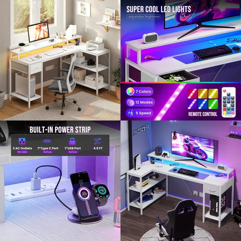 

Реверсивный L-образный игровой стол с USB-портами, светодиодной подсветкой и местом для хранения вещей, белый, для небольших помещений