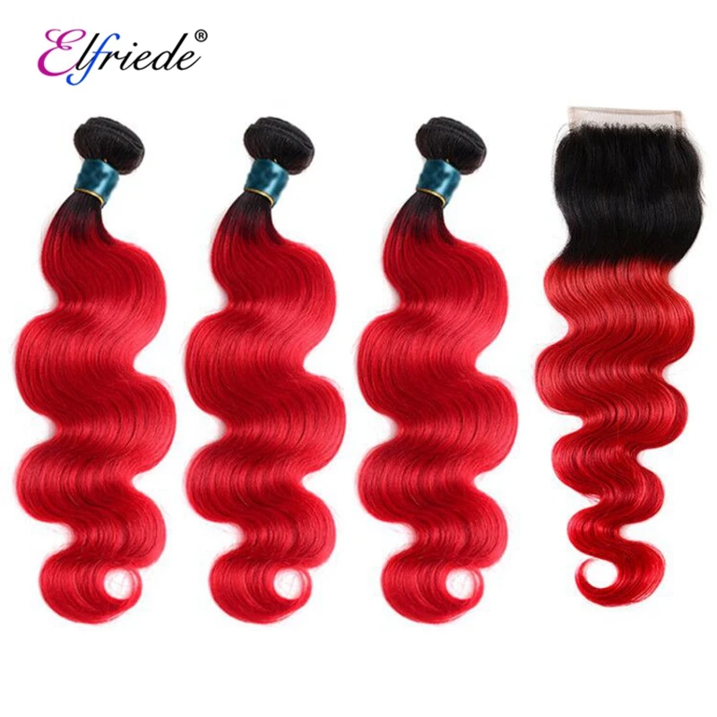 Elfriede #T1B/Red Body Wave Ombre Hair Bundles with Closure 100% Human Hair Wefts 3 Bundles with Transparent Lace Closure 4x4