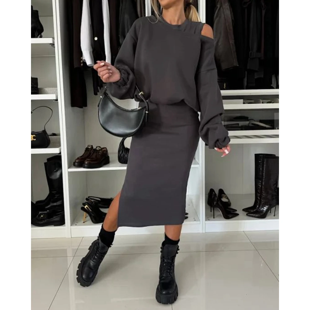 

Solid Long Sleeve Skew Collar Pullover & Hem Split Bodycon Midi Dress Set Women Suits Ladys Two Pieces Dress Set