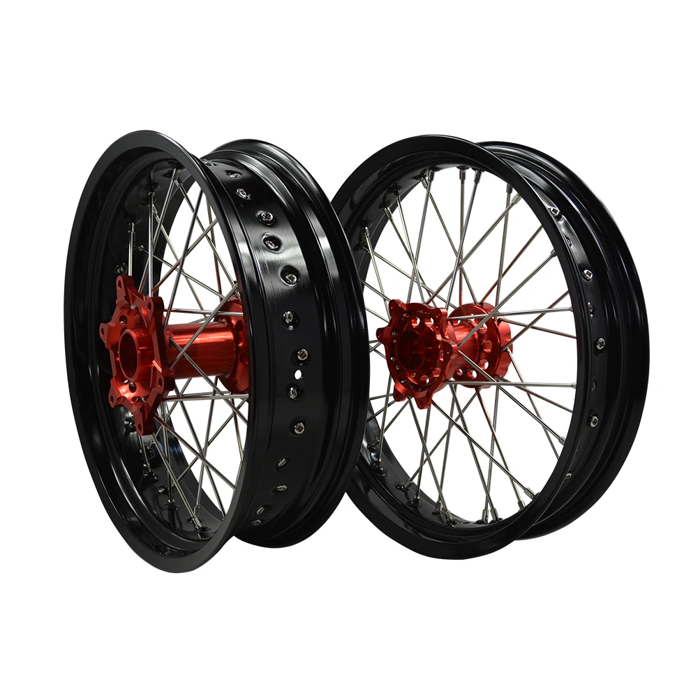 17-3.5/5.0 Inch Black Rim Red Hub Supermoto Wheels Set Fit For KTM EXC SXF SX 250 300 450