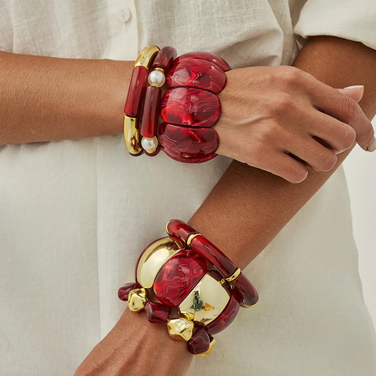 KunJoe 6 Stile Vintage-Elastizität, rote Acryl-Armbänder für Damen, modisch, stapelbar, unregelmäßige Röhre, Perlenarmband, Boho-Schmuck
