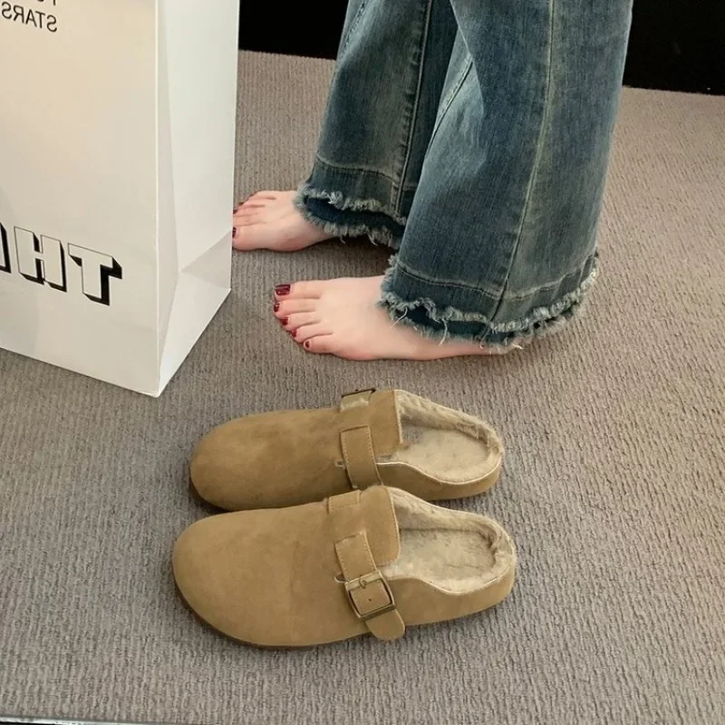 Women Slippers Fleece Lined Birken Style Mules Metal Buckle Suede Warm Winter Backless Flat Slip On Retro Casual Shoes