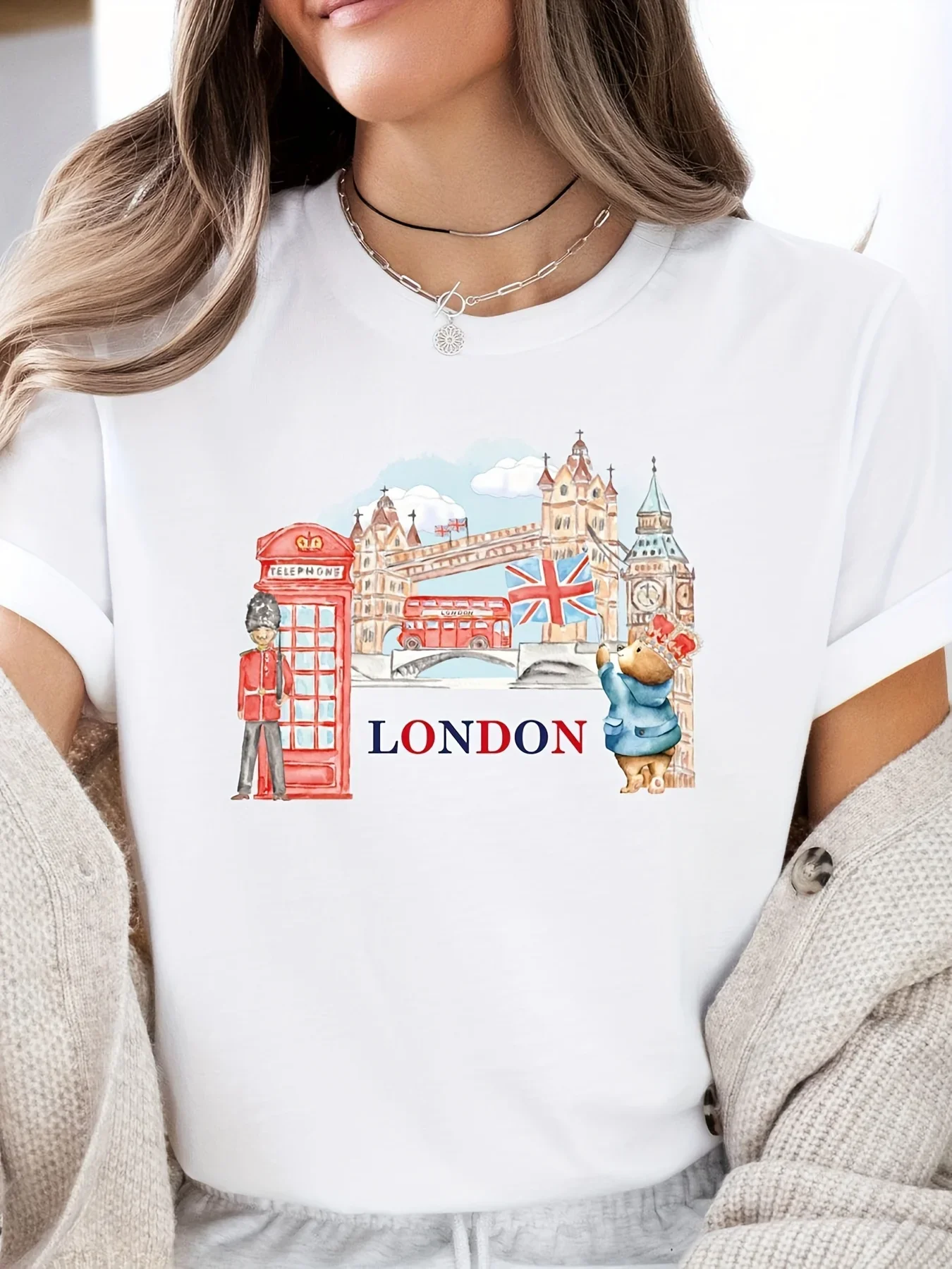 With London Phone Booth Design Breathable Summer Vacation & Casual Attire Women's Graphic Print Casual Short Sleeve Round Tops