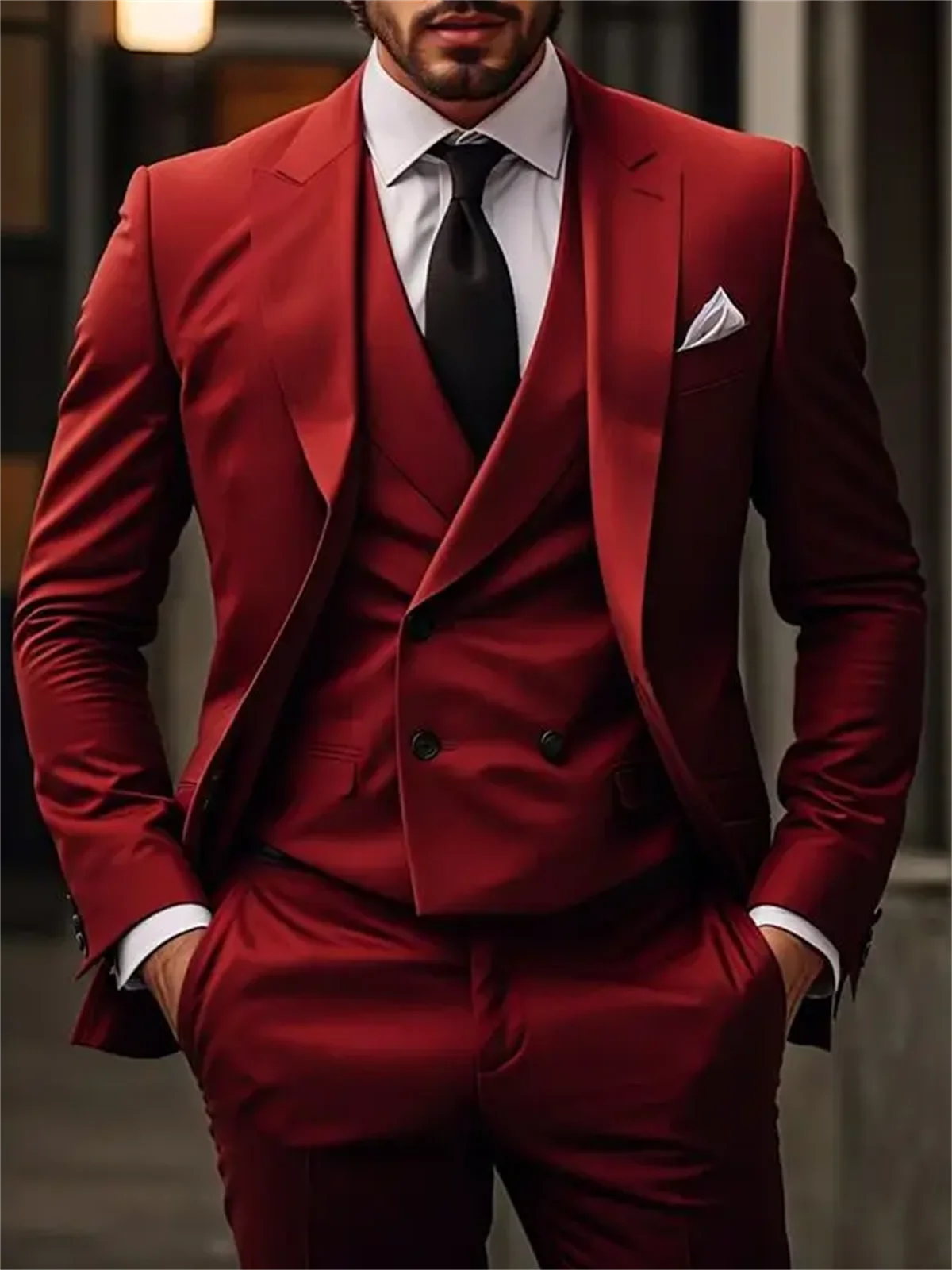 3 Piece High Quality Red/Navy Suits for Men Slim Fit Formal Business Office Daily Casual Outfits Fashion Wedding Party Tuxedo