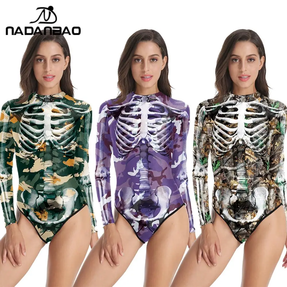 Nadanbao ชุดว่ายน้ำชุดคอสเพลย์ผู้หญิงฮาโลวีนชุดว่ายน้ำแขนยาวสำหรับผู้หญิงชุดว่ายน้ำบอดี้สูทมีซิปของผู้หญิงชุดชายหาด
