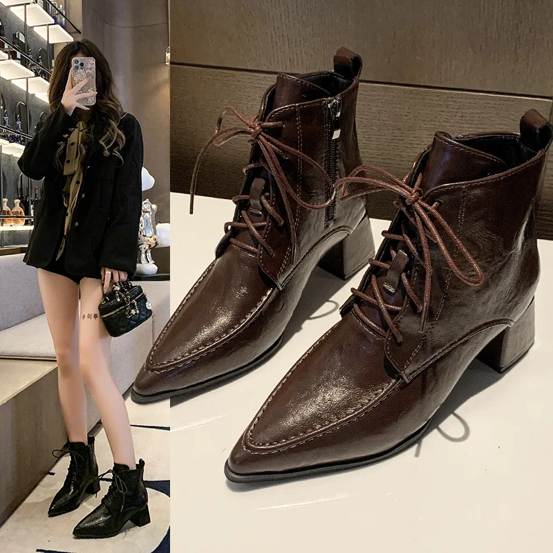 

Vintage 2025 Ankle Boots Women Lace Up Pointed Toe Booties Chunky Heel Faux Fur Lined Versatile Casual Winter Shoes
