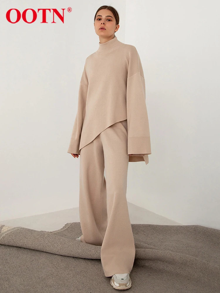 OOTN Elegant Brown Pant Sets Turtleneck Irregular Sweater Outfits 2 Piece High Waist Wide Leg Pant Suit Women 2024 Autumn Winter