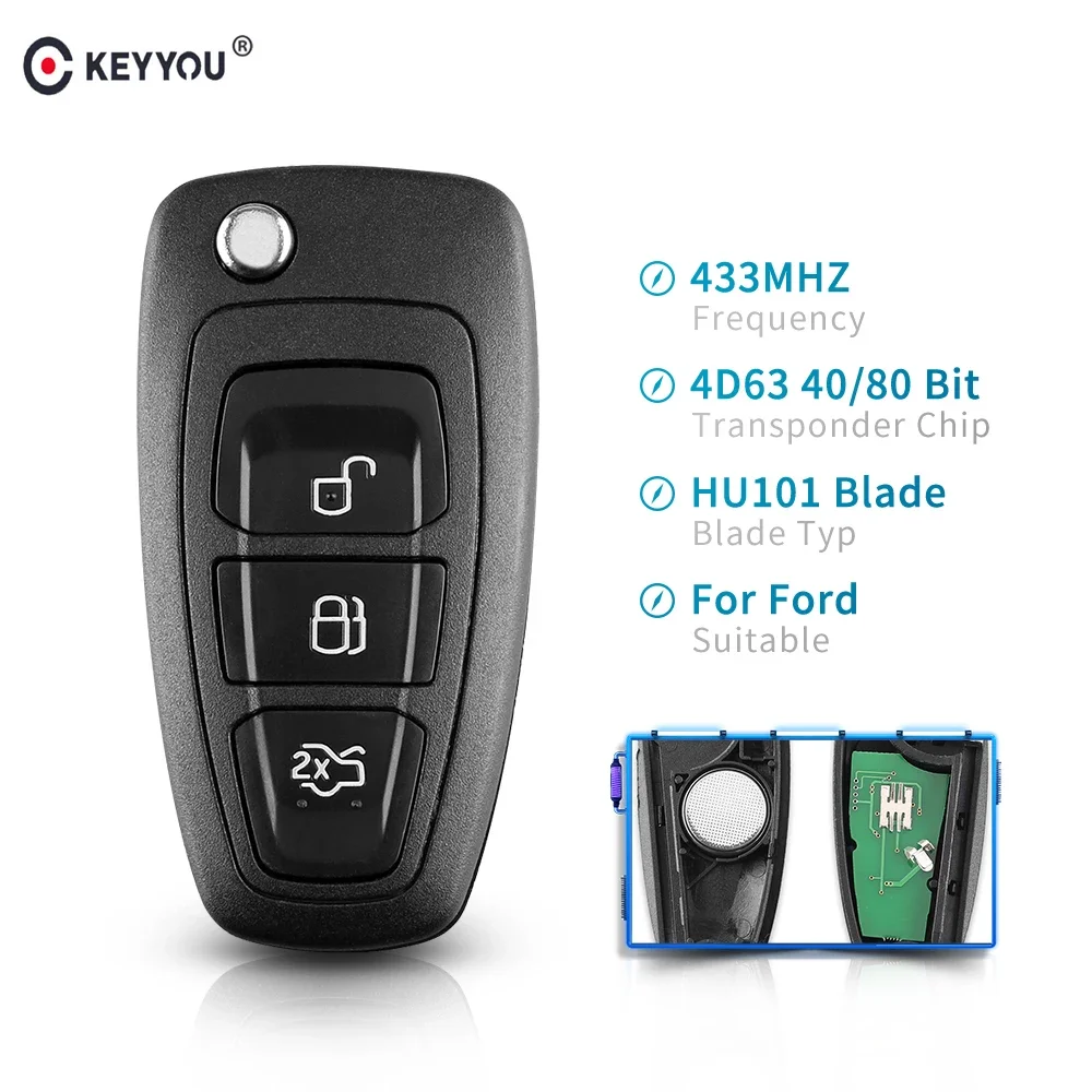 

KEYYOU 3 Buttons Fob Modified Flip Folding Remote Car Key 315/433MHz 4D63 Chip For FORD Focus Fiesta Mondeo With HU101 Blade ASK