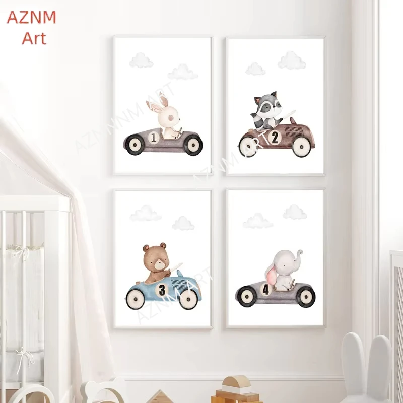 Vintage Racing Cars Animals Rabbit Bear Elephant Poster Print Canvas Painting Playroom Wall Art Picture Nursery Baby Room Decor