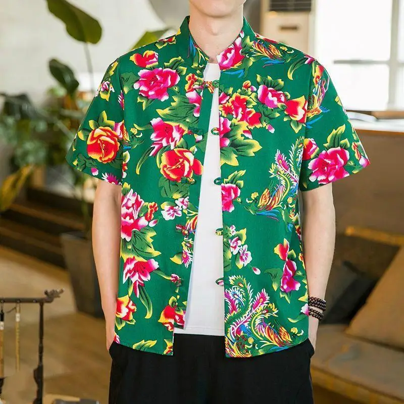 

2024 Men's Oversize Casual Floral Print ort Sve irt Ice Silk Loose Fit Youthful Sle Tourist Scenarios Cotton