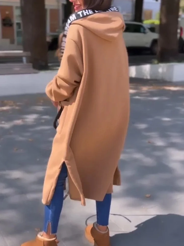 2024 herbst/Winter Mode Neue frauen Elegante Lose Warme Mantel Spleißen Casual Pendeln Stil Mit Kapuze Strickjacke Zipper Hoodie