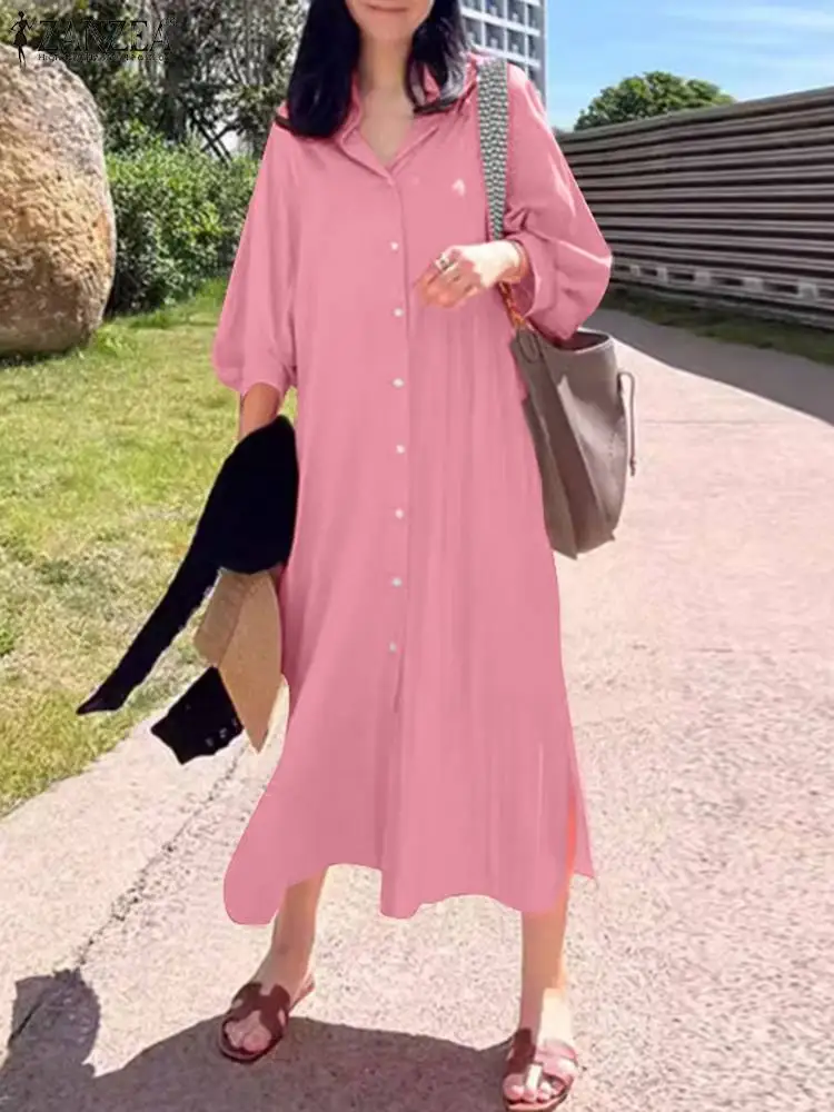 ZANZEA Women Slit Hem Midi Dress Long Sleeve Turn-down Collar Korean Fashion Casual Shirtdress Holiday Solid Color Long Vestidos